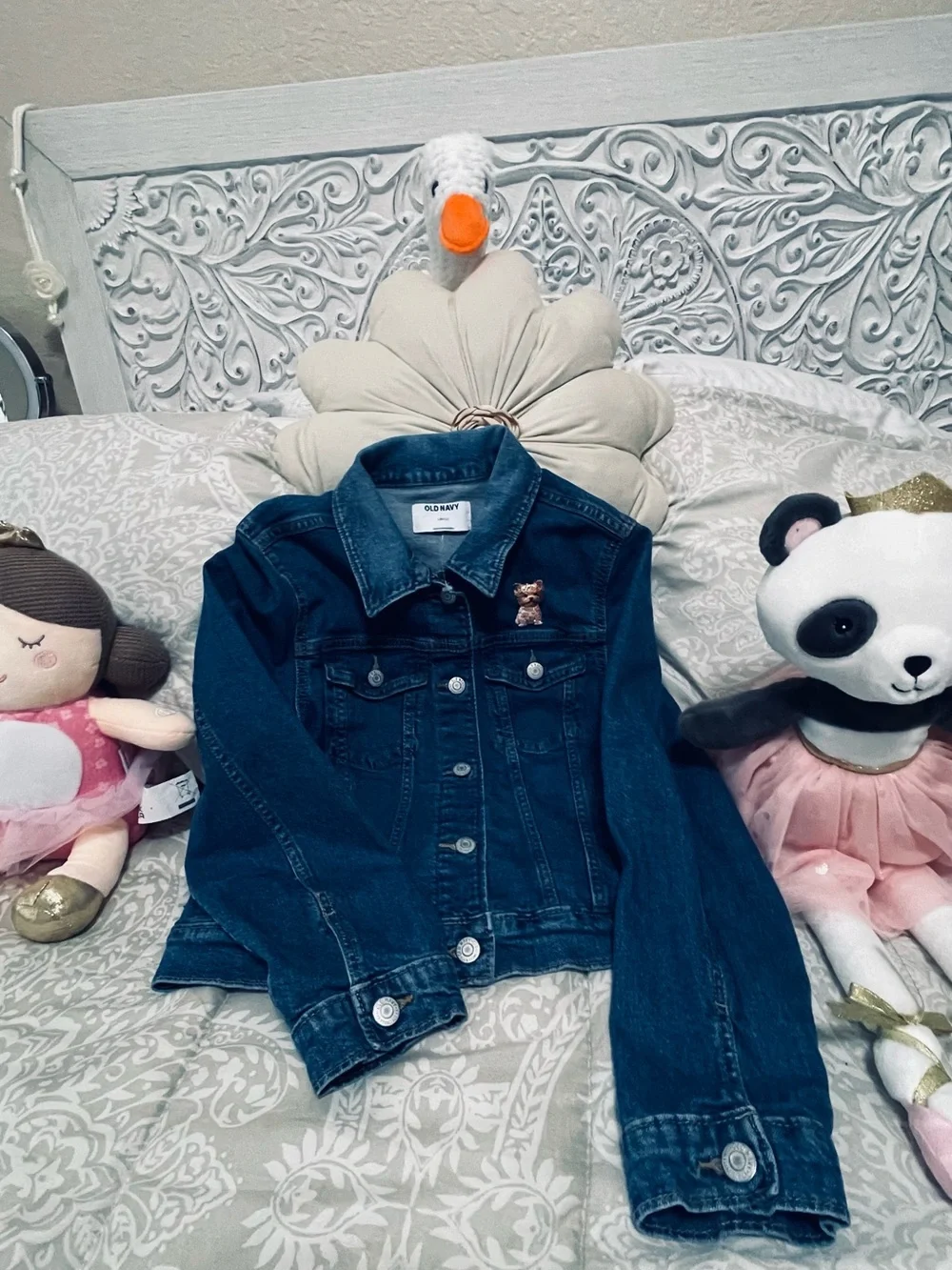 Old Navy Blue Denim Kids Jacket with Yorkie dog Pin with rhinestones.Size 10/12